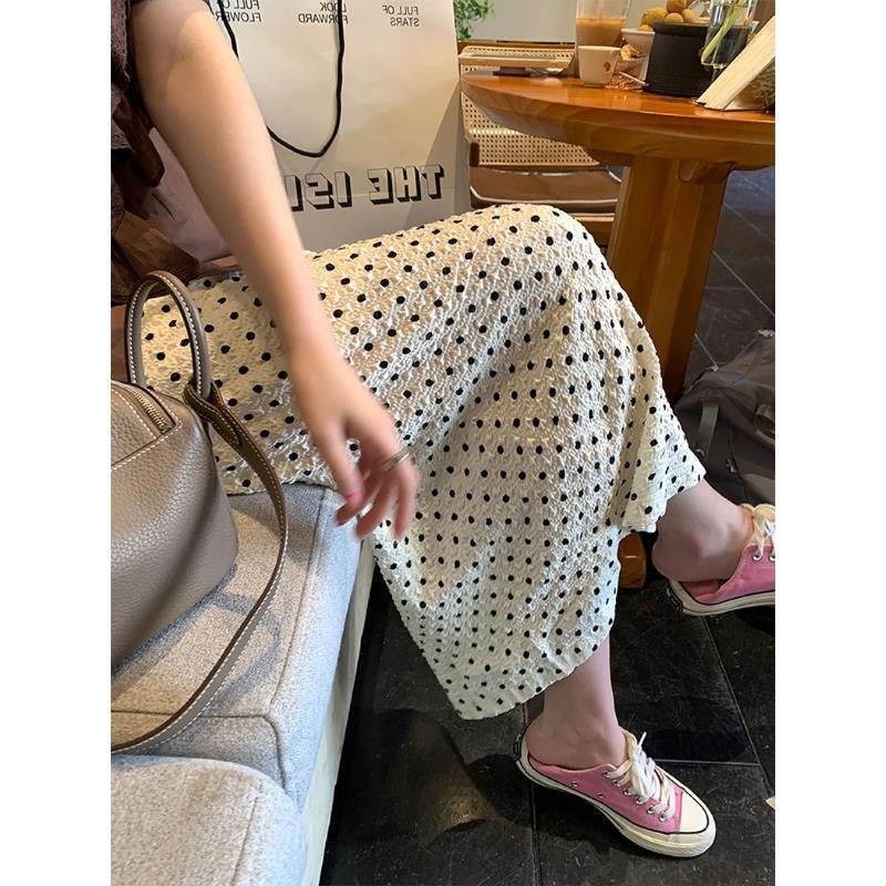 เวอร ์ ชั ่ นเกาหลีแฟชั ่ น Polka Dot กระโปรงหลวมเอวยางยืดเอวสูงแฟชั ่ น A-Line กระโปรงกระโปรงยาวหญิงฤดูร ้ อน