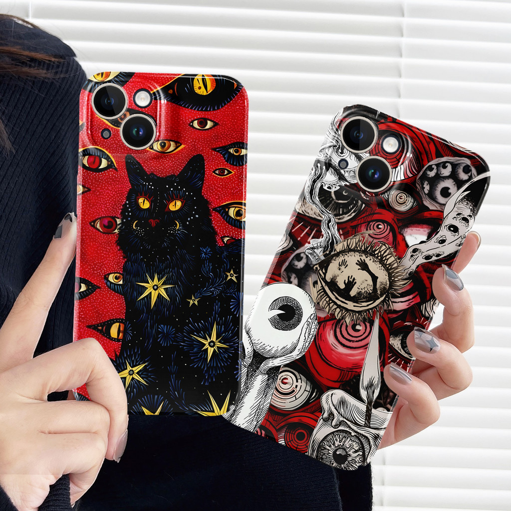 ดวงตาแมวดำ เชลล์ iPhone 15 16 pro max 14 XR 13 11 12 Pro Max 8 7 6 6S Plus X Xs Max Se 2020 13 12 11 Glossy TPU Soft Case กันกระแทกกล้องป้องกัน
