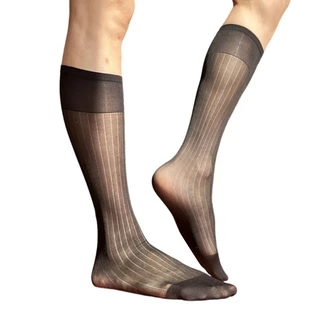 Nio Mens Nylon Sheer Suit Socks Business Dress Socks Elastic Wide Striped See Through Official Dress Over the Calf Stockin
