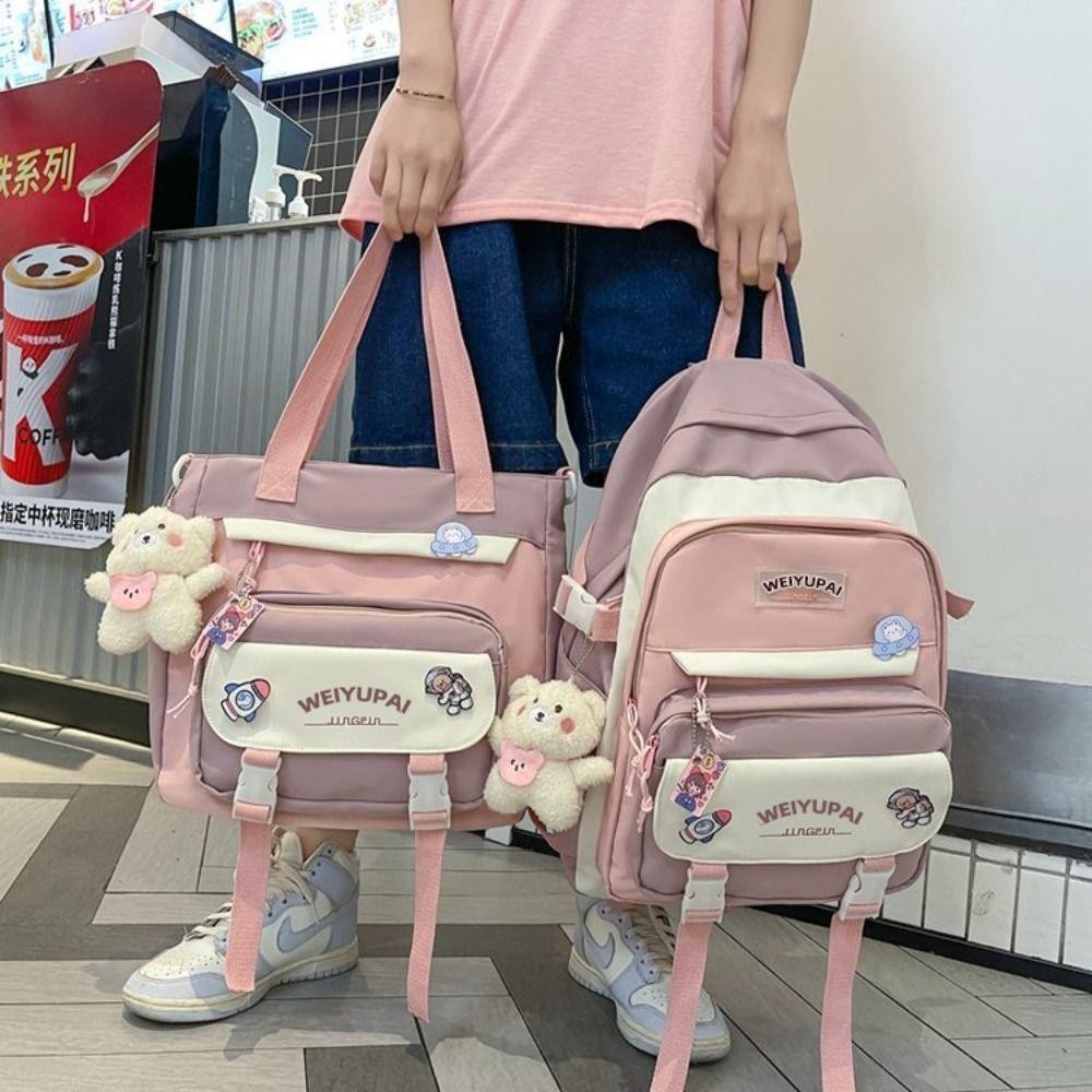 Jeremy1 กระเป๋านักเรียนนักเรียน, Ins Multi Pockets กระเป๋าสะพายเด็กผู้หญิง,แบบพกพาความจุขนาดใหญ่ Candy Color Bear กระเป๋าเป้โรงเรียนมัธยมสาว