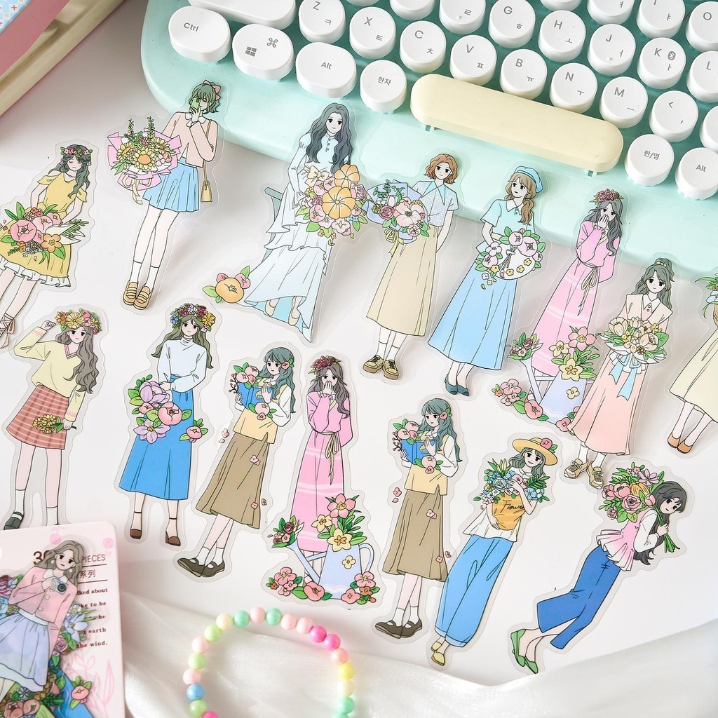 Journamm 30 ชิ้น/แพ็ค Ins สาวสติกเกอร์ PET ดอกไม้วัสดุ DIY Scrapbooking Decor Junk Journal Collage เครื่องเขียน Aesth สติกเกอร์