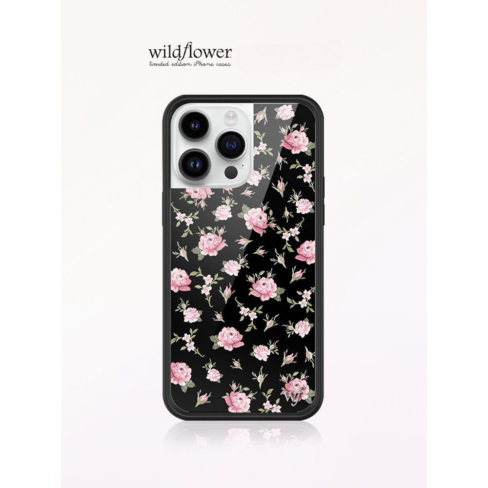 แฟชั ่ นแบรนด ์ Wildflower สีดําและสีชมพูดอกไม ้ สําหรับiPhone 12 13 14 15 Pro Max 14 15 PlusซิลิโคนกันกระแทกปกหลังWFปลอก