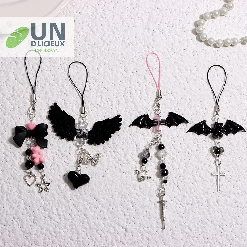 Good Y2k Bowknot โทรศัพท์ Chain สีดํา Winged Bear จี้ Sweet Cool หูฟัง Lanyard กระเป๋าตกแต่งสายคล้องกล้องได้ดี