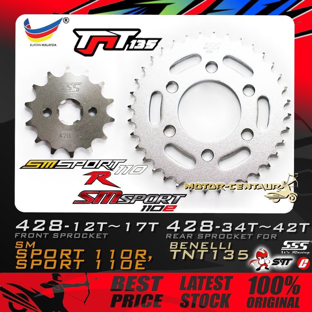 GEGANCU DEPAN & BELAKANG SSS / CU / STT FRONT & REAR SPROCKET 428 สําหรับ BENELLI TNT135, SM SPORT 1