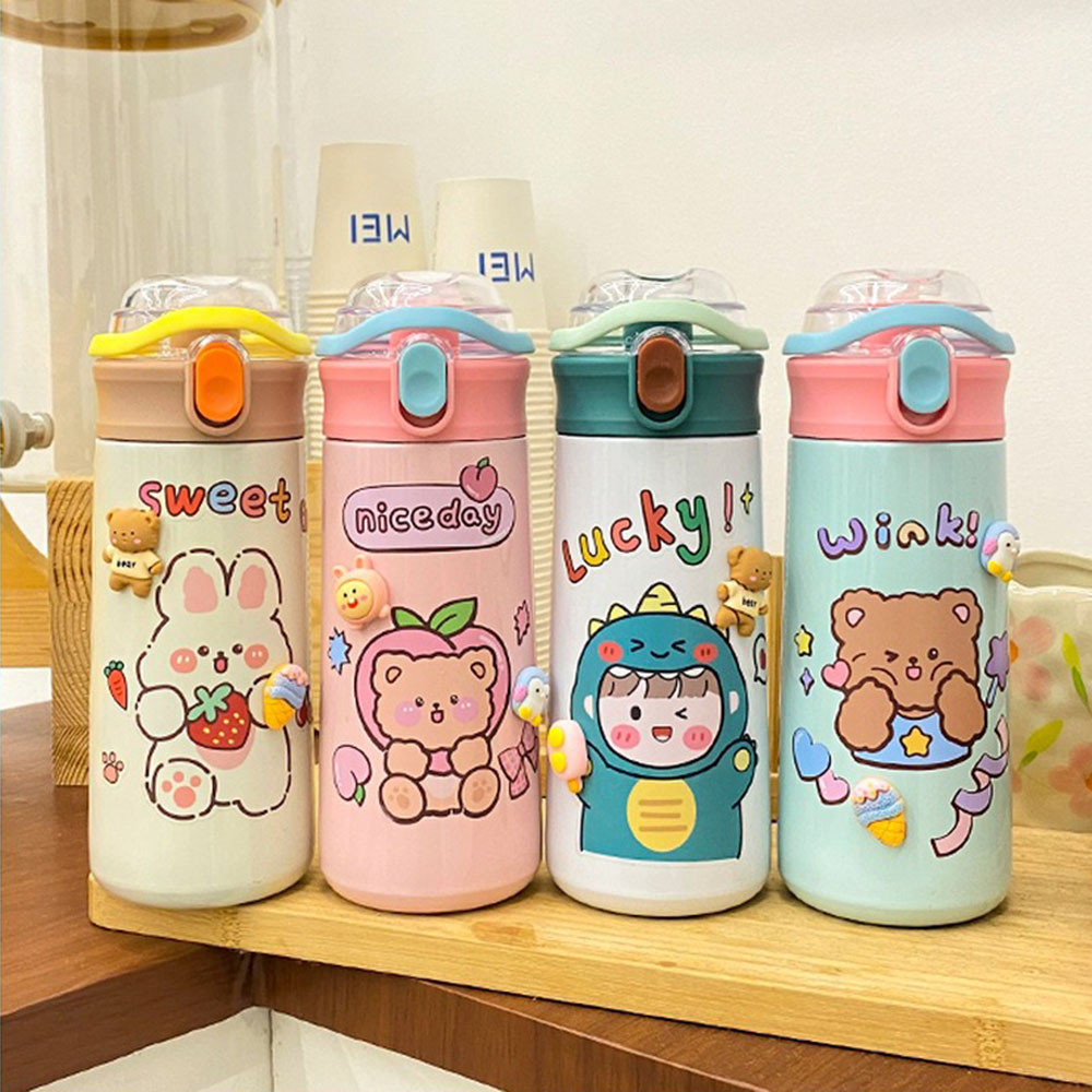 กระบอกน้ำ ขวดน้ำสำหรับเด็ก 304กระติกน้ำสแตนเลส ความจุ500ml รูปแบบการ์ตูน กระติกน้ำเก็บอุณหภูมิ ฟางในตัว เก็บร้อน-เย็น