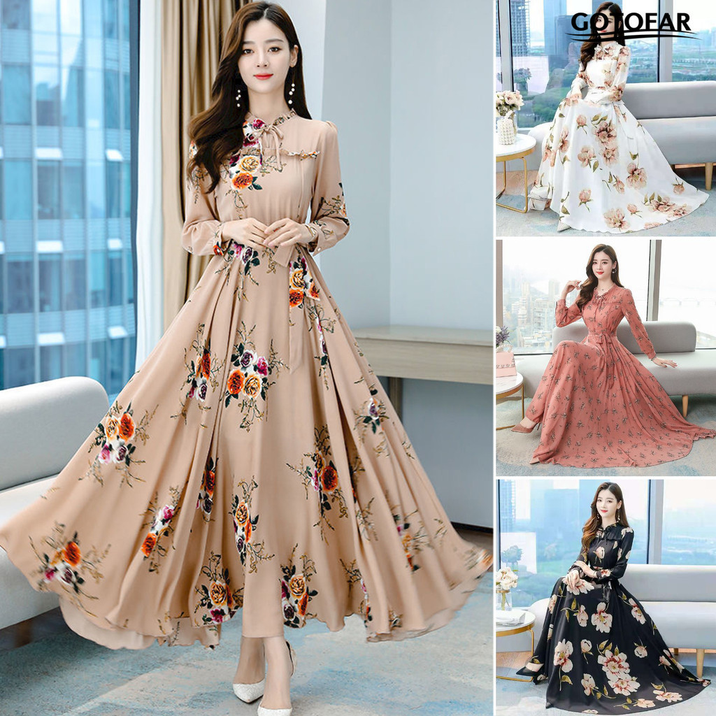 [GTF.z ]ผู้หญิง Maxi ชุดอารมณ์หลวม Hem แน่นเอวดอกไม้พิมพ์ Lace up Dress-up แขนยาว A-line ชุดจัดเลี้ยงเสื้อผ้าหญิง