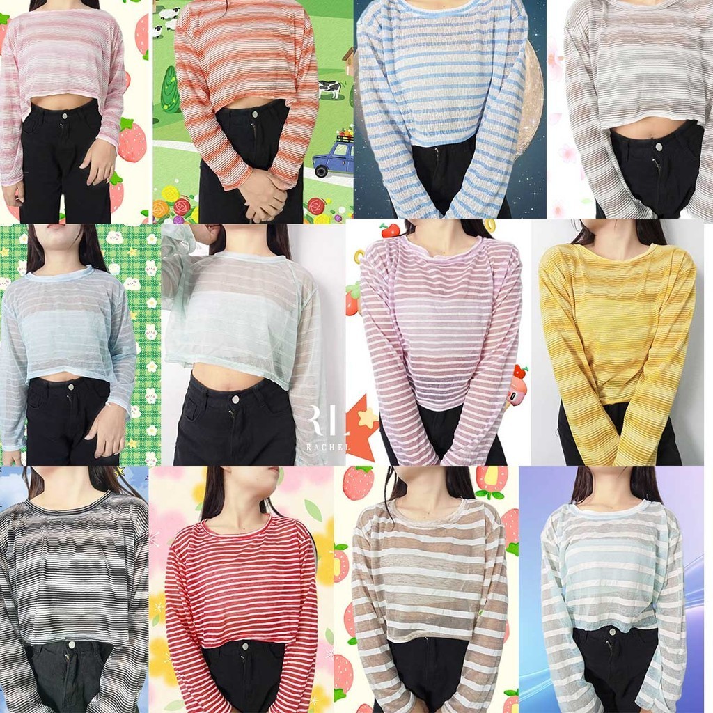 เสื้อครอปซีทรู แขนยาว ลายทาง มีหลายสีมากๆ พร้อมส่งจากไทย