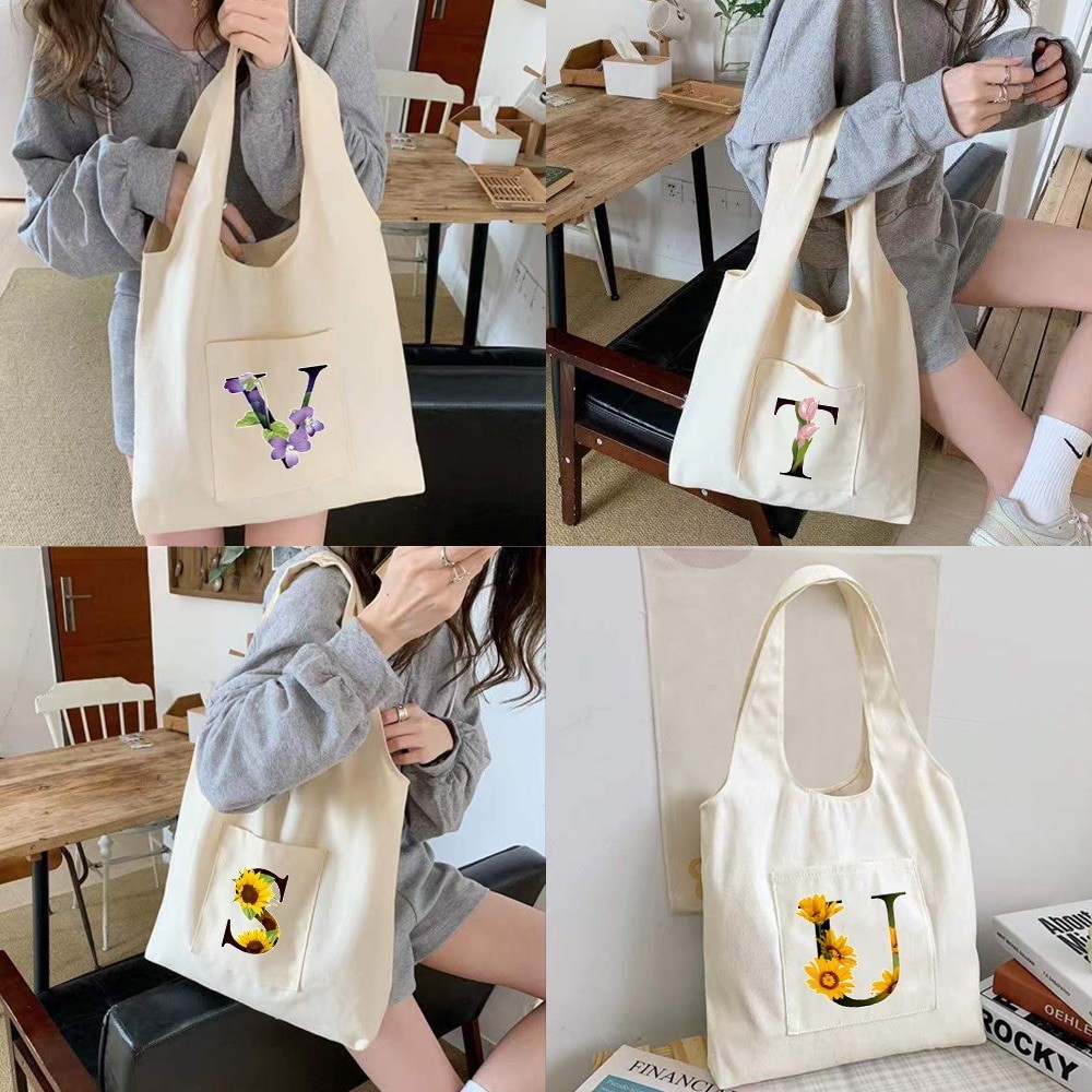 Harajuku Flower Color Print Vest Bag Canvas Shopper Large Bag Capacity Tote Bag Women Shoulder Bags 