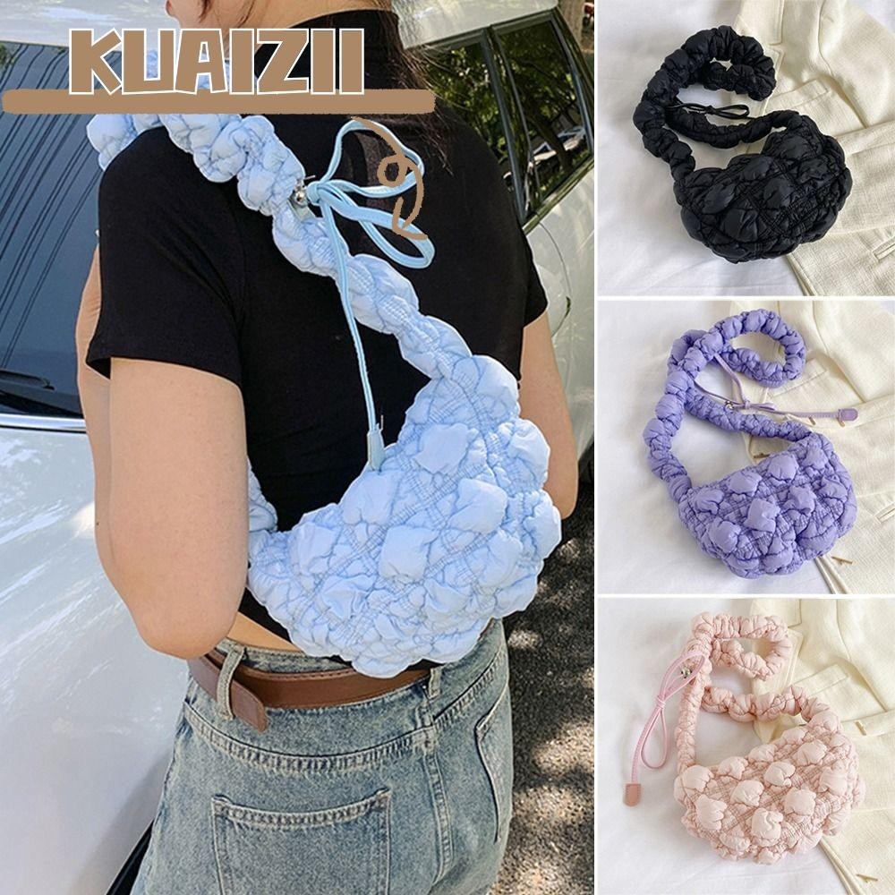 Kuaizii Messenger Bag, Solid Color Bubbles Quilted Shoulder Bag, Casual Pleated Cloud Shopping Bag Women Girls