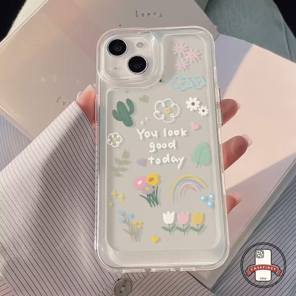 ดอกไม้สายรุ้งน่ารักกระบองเพชรเคสใสใช้งานร่วมกันได้ IPhone 7Plus XR 11 14 13 15 12 Pro Max X XS Max 15 7 8 14 Plus SE