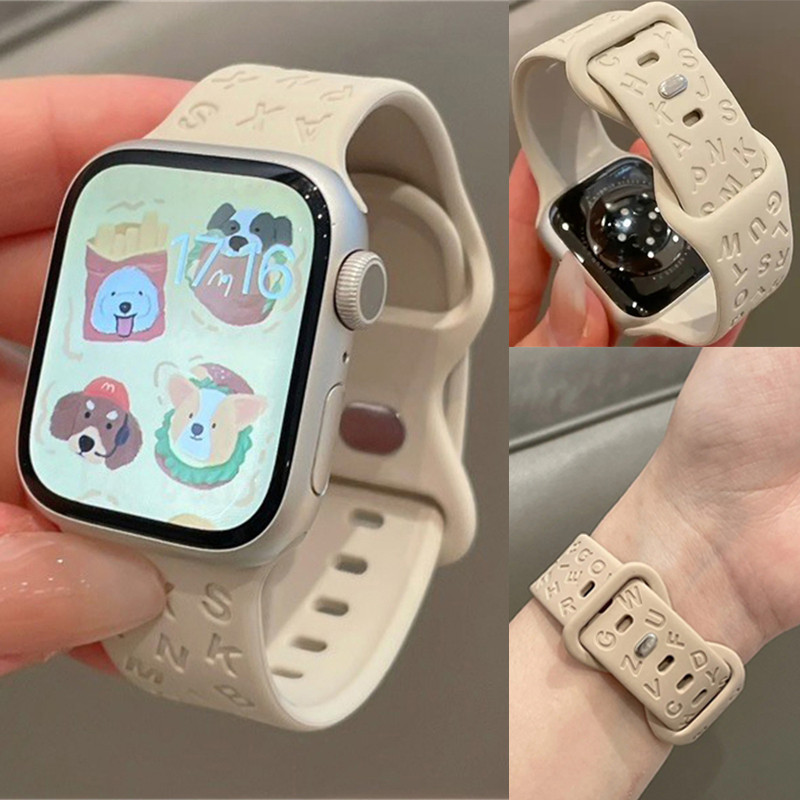 สายนาฬิกาข้อมือซิลิโคนสําหรับ iSmart Watch Ultra 2 S9 49 มม.8 7 6 5 SE 4 3 2 แกะสลักสร้อยข้อมือสําหรับ iWatch 44 มม.45 มม.42 มม.41 มม.40 มม.อุปกรณ์เสริม