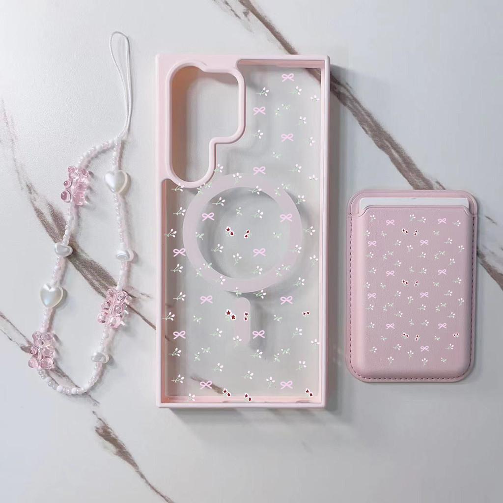 3pcs ดอกไม้สีชมพูกระเป๋าสตางค์สําหรับ Samsung s22 s22plus ultra Case Girly S23 S23Plus s23fe s24 s24plus s24ultra ปกหลัง