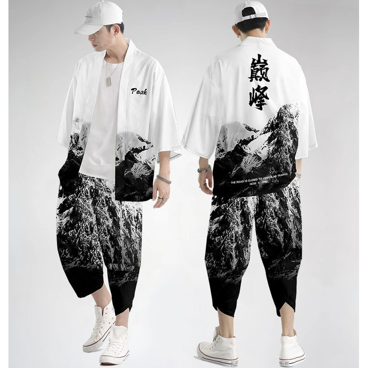 ญี่ปุ่นภูเขาหิมะพิมพ์กิโมโนคาร์ดิแกนเสื้อเอเชียstreetwearเสื้อคลุมกิโมโนharakuju Samuraiเครื่องแต่งกายผู้ชายฮาโอริYukata