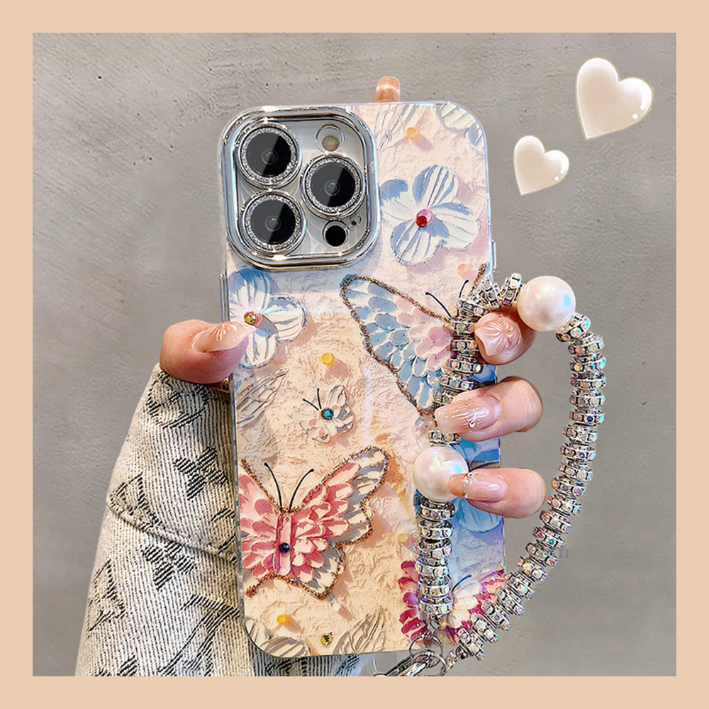 แหวนสร้อยข้อมือมุกเคสโทรศัพท์สําหรับiphone 15 14 13 12 Pro Max 15promax 14promax 13pro 11 แฟชั่นแสงสีฟ้าผีเสื้อดอกไม้Glitterกันกระแทกเคสโทรศัพท์พร้อมเลนส์ป้องกันฟิล์ม