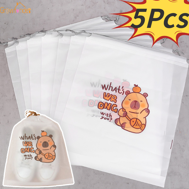 5 ชิ้นอเนกประสงค์ Drawstring PEVA Capybara รองเท้ากระเป๋าแขวนขนาดใหญ่ความจุเสื้อผ้าตู้เสื้อผ้า Organizer บ้านกันน้ําจัดเก็บ Classified อุปกรณ์