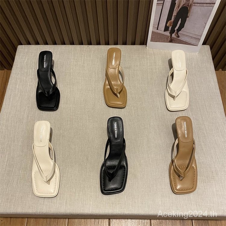 Simple Flip-Flops ผู้หญิงฤดูร้อน 2024 สไตล์ใหม่ Square Toe Stiletto รองเท้าแตะกลางส้นแฟชั่น Classy Flip-Flops