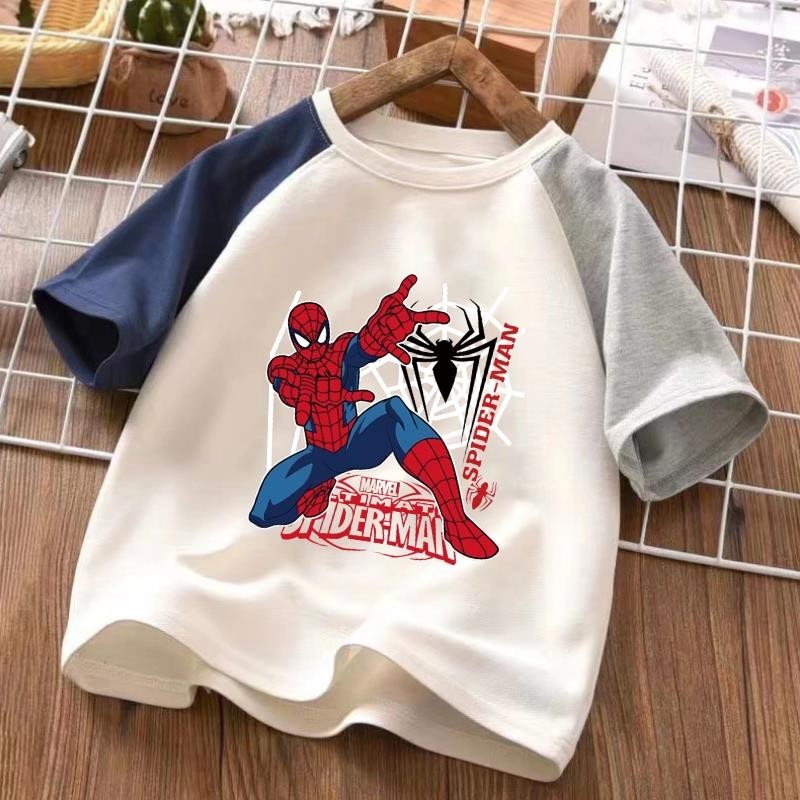 Spiderman Boys ฤดูร้อนบางสไตล์เด็กแขนสั้น Top ผ้าฝ้ายแท้ 100% เด็ก 2024 สไตล์ใหม่ฤดูร้อนขนาดกลางขนาดใหญ่ ADA