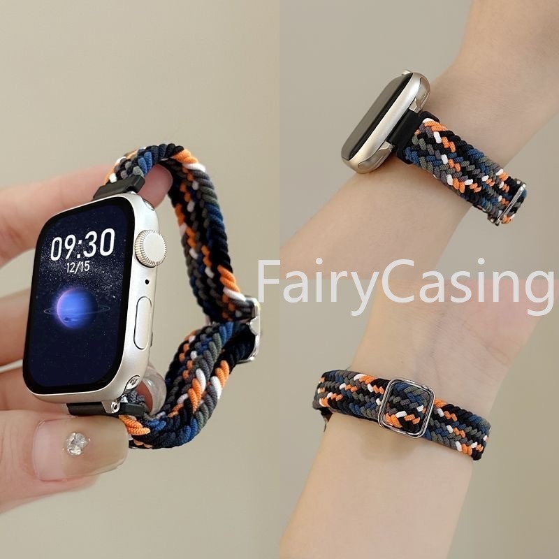 Braided Silm สายถักเดี่ยวสําหรับ Apple watch Ultra 2 49 มม.45 มม.44 มม.42 มม.40 มม.38 41 มม.สร้อยข้อมือไนลอน correa series 9 8 7 5 4 3 2 1 SE 6 9