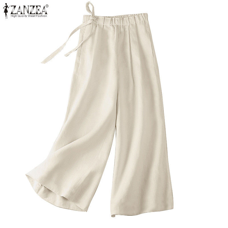 Zanzea ผู้หญิงเกาหลี Elasticized เข็มขัดประดับสายรัดจีบกระเป๋ากางเกงขากว้าง