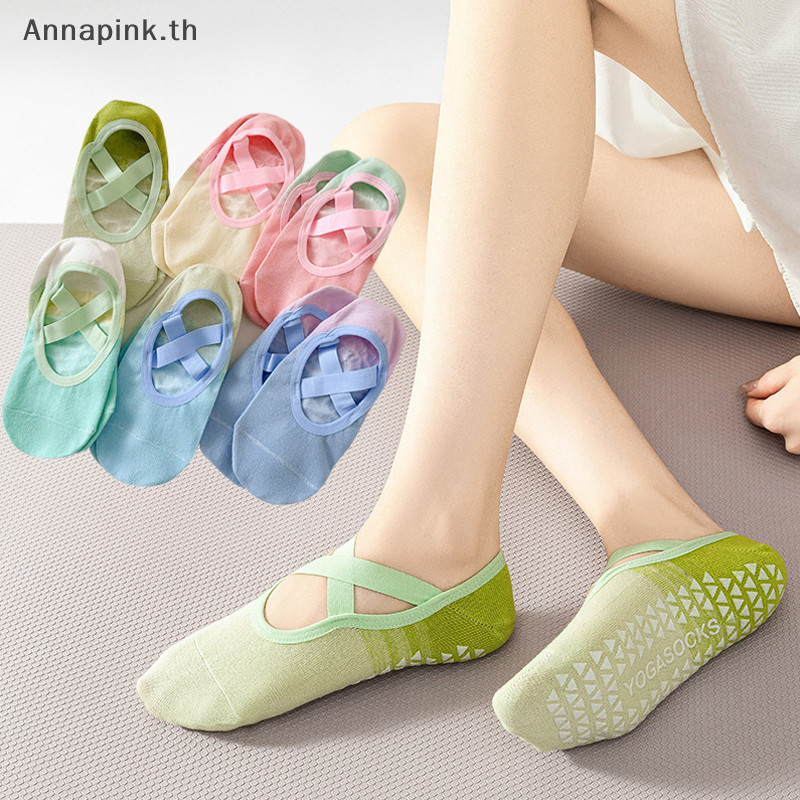 Annapink.th ผ้าฝ้ายไล่ระดับสีถุงเท้าเรือล่องหนฟิตเนสโยคะกันลื่นถุงเท้าพิลาทิสยิมกีฬา EN
