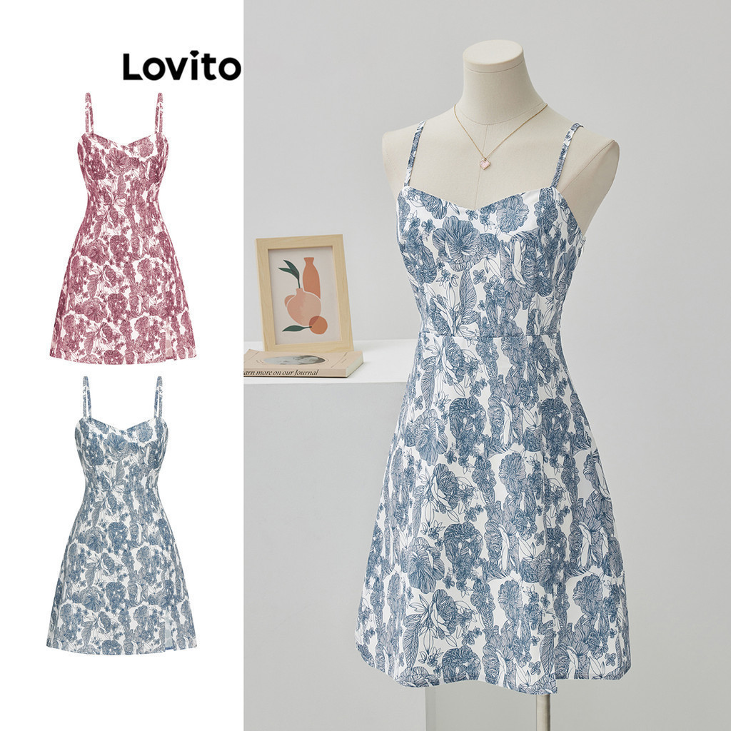 Lovito เดรสผู้หญิง แต่งผ่า ลายดอกไม้ สไตล์โบโฮ L68ED195 (สีน้ำเงิน)