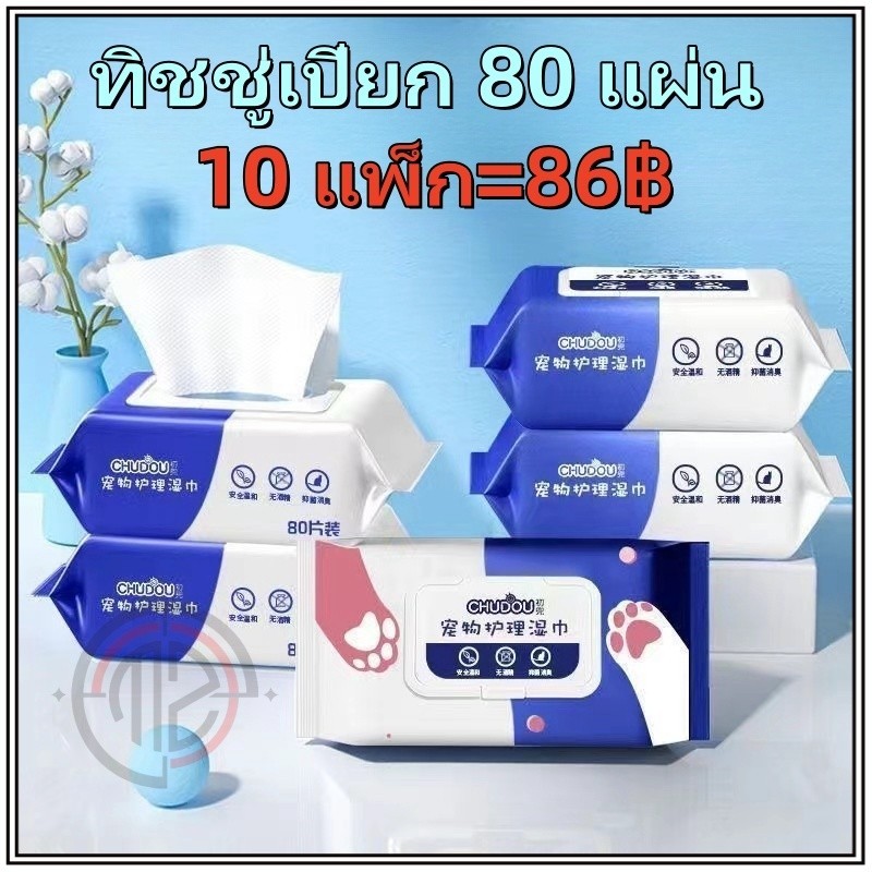 [10 แพ็ก] ทิชชู่เปียก 80 แผ่น สำหรับเช็ดสัตว์เลี้ยง ผ้าเช็ดตาและหูสัตว์เลี้ยง ทิชชู่หมา Pet wipes