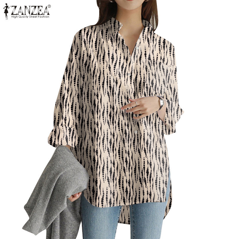 Zanzea ผู้หญิงเกาหลี Turn-Down-Collar แขนยาวพิมพ์ Placket กระเป๋าเสื้อ
