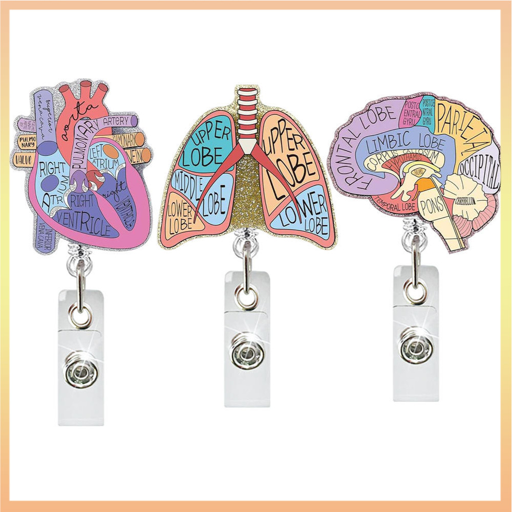 Medical Heart Lung สมองอะคริลิค Glitter Retractable Badge Reel หมุนจระเข้คลิป ID Badge สําหรับหมอพยาบาล