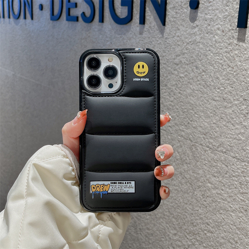Drew ยิ้ม FaceFeather Fiber Down Jacket 3D Puffer Case สําหรับ iPhone 11 12 13 14 15 Pro Max 14 15 Plus ป้องกัน
