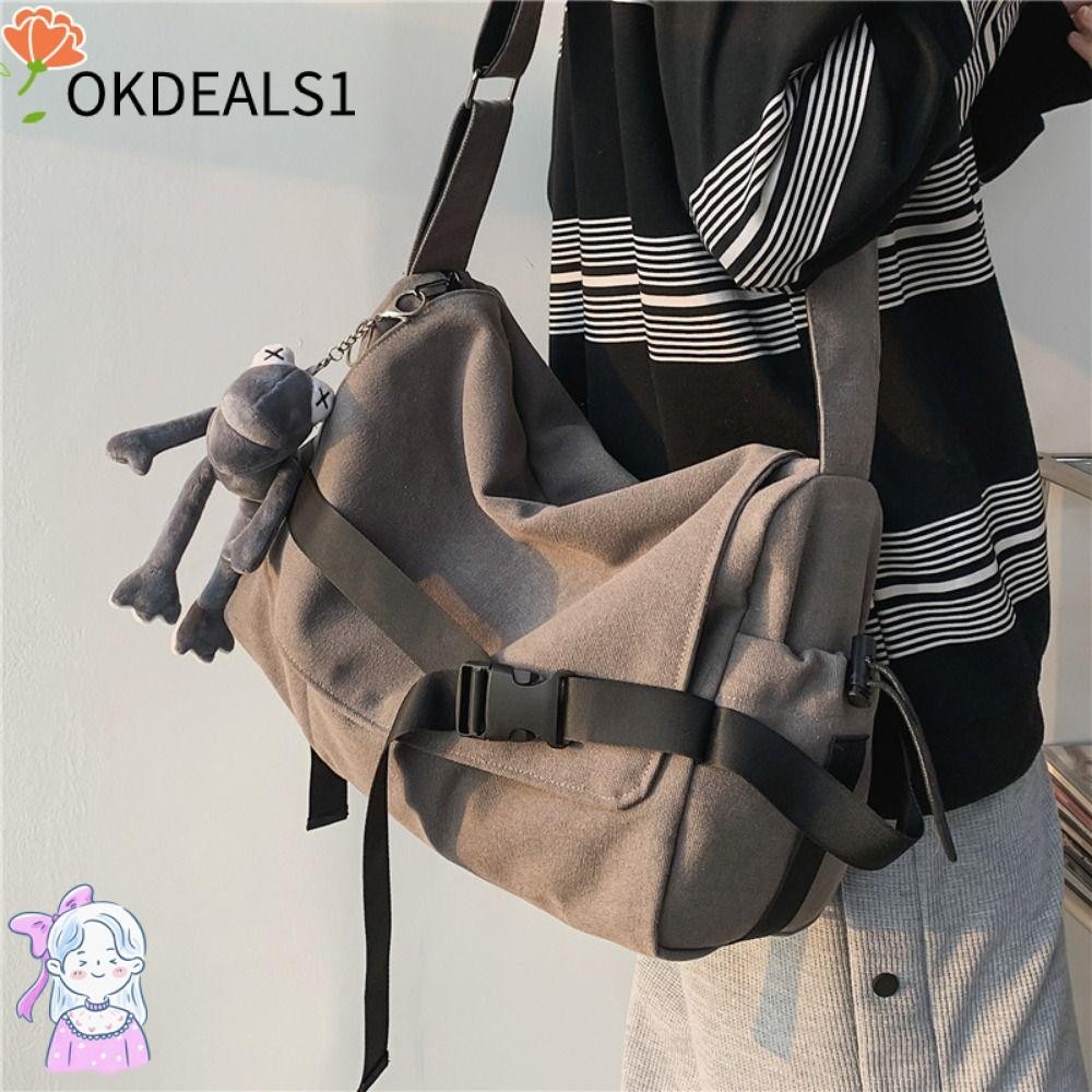 Dealshop กระเป๋าสะพายข้างไนลอน,ความจุขนาดใหญ่สีดําสีน้ําตาลกระเป๋า Messenger,กระเป๋าเป้สะพายหลังผ้าใบไนลอนลําลองนักเรียน
