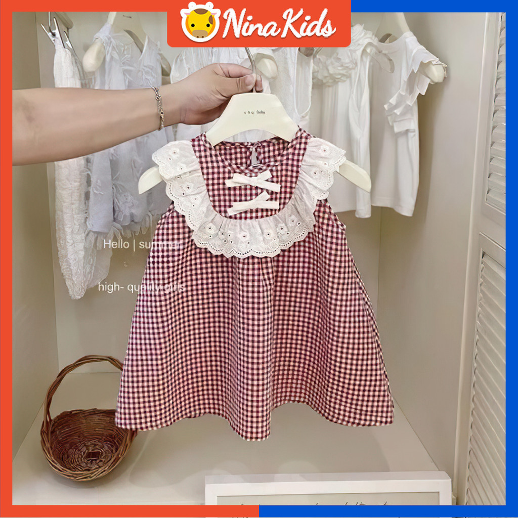 ชุดเด็กผู้หญิงสไตล์เกาหลีลายสก๊อตสีแดงลูกไม้ปกเด็กฤดูร้อนชุด 2-8 ปี