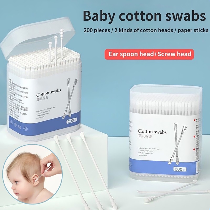500 ชิ้นเด็กผ้าฝ้าย Bud Swabs Double-headed กระดาษธรรมชาตินุ่ม Stem ช้อนหูเด็กสกรูหัวจมูกหูทําความสะอาด Tip