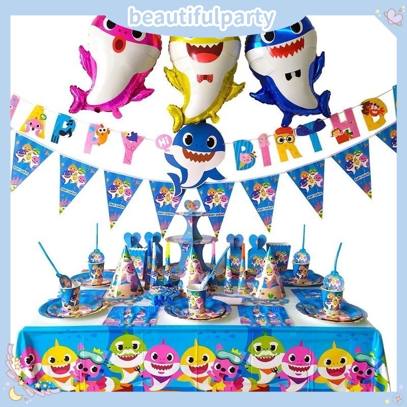 ฉลามน้อยทิ้งพรรคบนโต๊ะอาหารเด็กงานเลี้ยงวันเกิดธีมอุปกรณ์ตกแต่ง