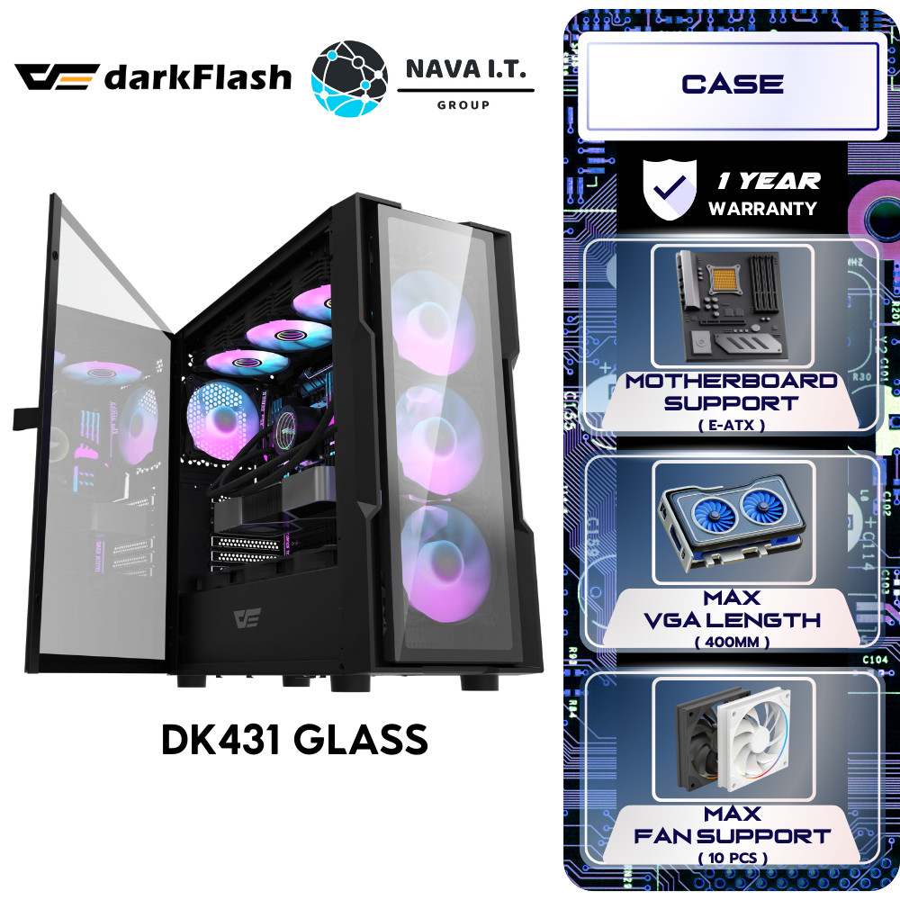 CASE (เคส) DARKFLASH DK431 TEMPER GLASS E-ATX BLACK (WITH 4 ARGB FANS) รับประกัน 1 ปี