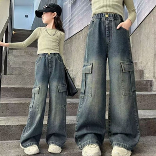 ยีนส์เด็กผู้หญิงสไตล์ใหม่ กางเกงขากว้างสำหรับเด็ก