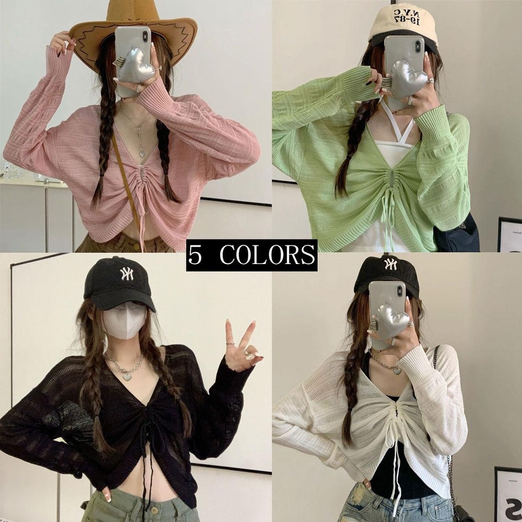 Dahong 💖เสื้อครอปแขนยาว เสื้อครอปผ้าถักสีพื้น  เสื้อคลุมตาข่าย ใส่เที่ยวทะเล บางใส่สบายไม่คันรุ่นโปรตีน 4911
