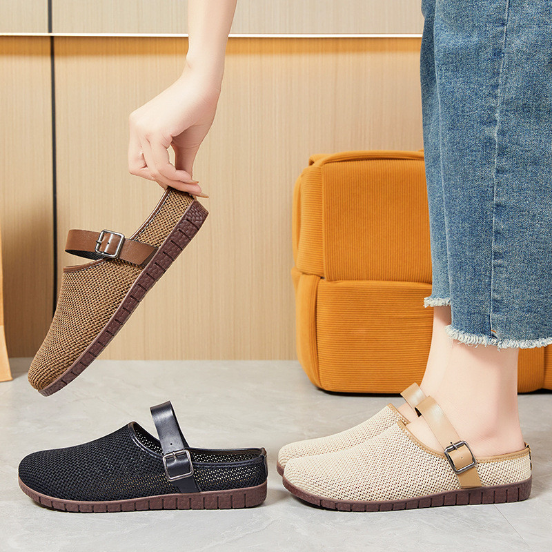 IELGY 2025 ผู้หญิงแอปริคอทสไตล์ฤดูใบไม้ผลิอเนกประสงค์ Retro Soft-soled รองเท้าแตะ Ins รองเท้าแตะลําลองตาข่าย