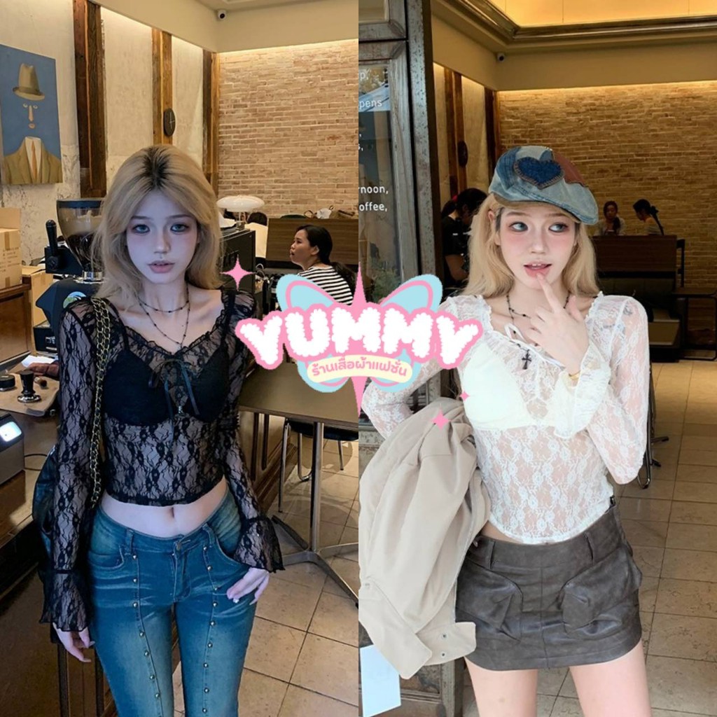 🎀Yummy Shop🎀พร้อมส่ง (61655) เสื้อคอกลม แขนยาว ดีเทลซีทรูบางเบาเซ็กซี่