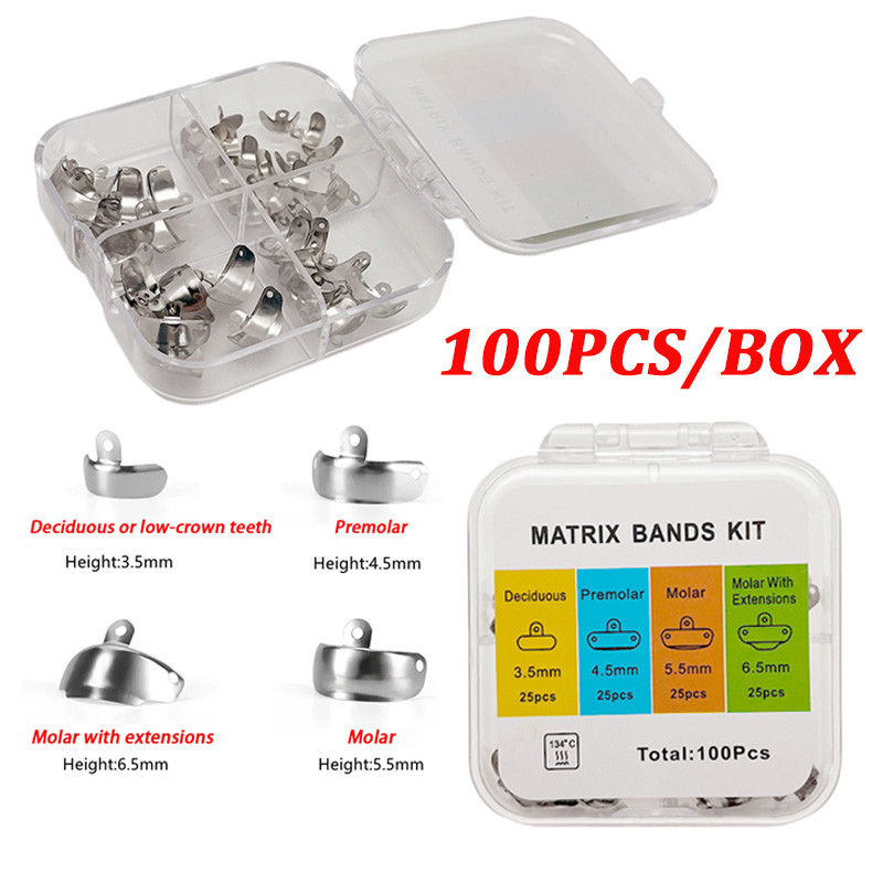 100 ชิ้น/กล่องทันตกรรม Sectional Contoured Matrix Bands โลหะ Matrices Bands 4 ขนาดเครื่องมือทันตแพทย์วัสดุทันตกรรม