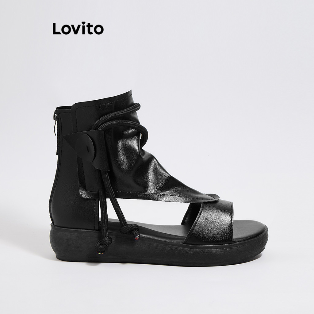 Lovito รองเท้าแตะแบบลำลองแบบผูกธรรมดาซิปด้านหน้าหนารองเท้าแตะวัสดุ Pu วัสดุแฟชั่นรองเท้าสำหรับผู้หญิง LFA47044