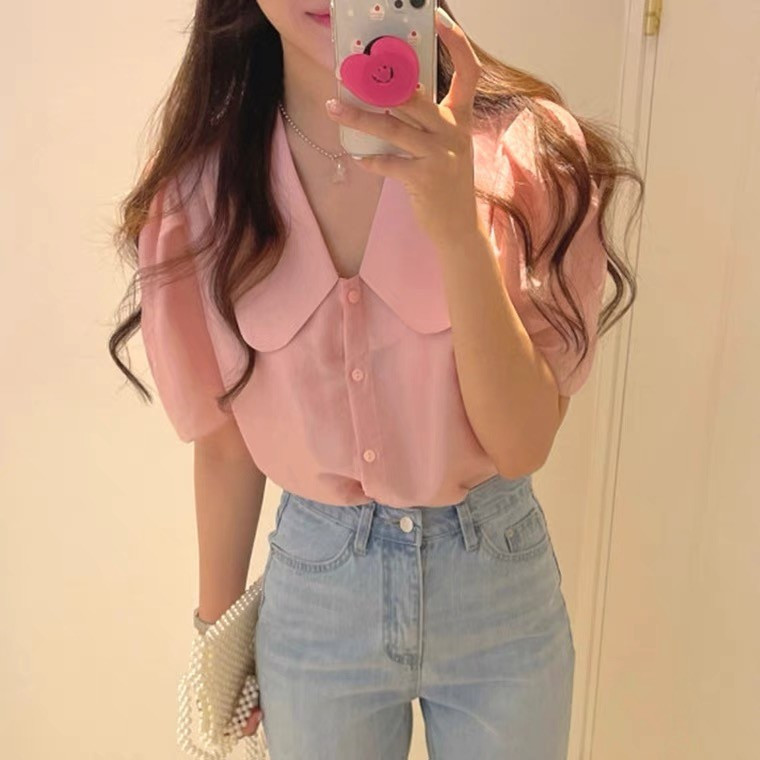 วานัน เสื้อเชิ้ตแขนสั้นสีพื้น คอปกพับ สไตล์เกาหลี ฤดูใบไม้ผลิ ฤดูร้อน ดงแดมุน ทรงเข้ารูป ใช้งานได้หล