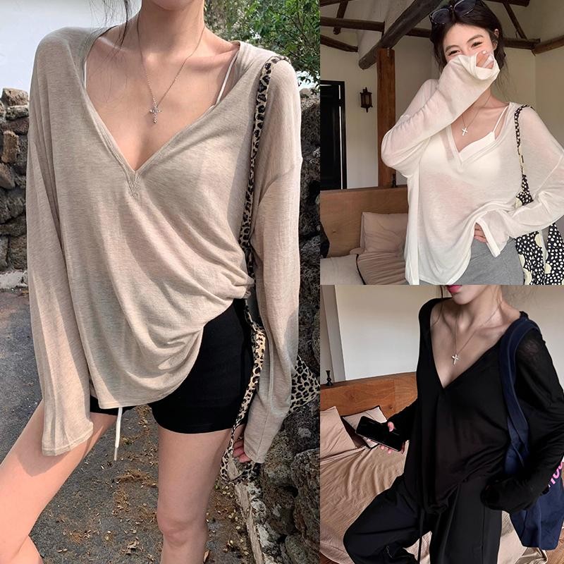Mimi&Didi#เสื้อยืดคอวีลึกแขนยาวบางใสเล็กน้อยสำหรับผู้หญิงในฤดูร้อน เสื้อเบลาส์หลวมป้องกันแสงแดด สไตล์เซ็กซี่สบายๆ#Q801