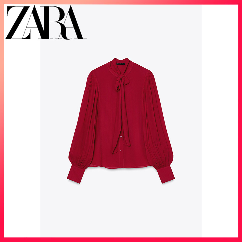 Zara ฤดูใบไม้ผลิสินค้าใหม่ผู้หญิง ZW Series เสื้อเชิ้ตโปร่งแสงแขนยาวอารมณ์ประดับด้วยโบว์