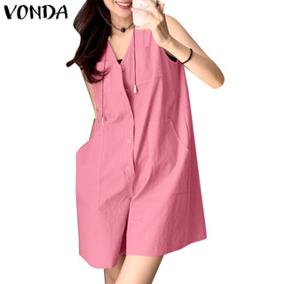 Vonda ผู้หญิงเกาหลี Street Casual V คอ Single-Breasted แขนกุ…