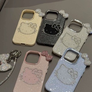 การ์ตูน 3D Bow DIY ตุ๊กตาน่ารัก Hello Kitty Luxury Glitter Powder สําหรับ IPhone 13 15 16 14 12 11 17Pro Max 7Plus XR XS Max X 8 15 16 7 Plus SE 2020 สีทึบนุ่มกรณี