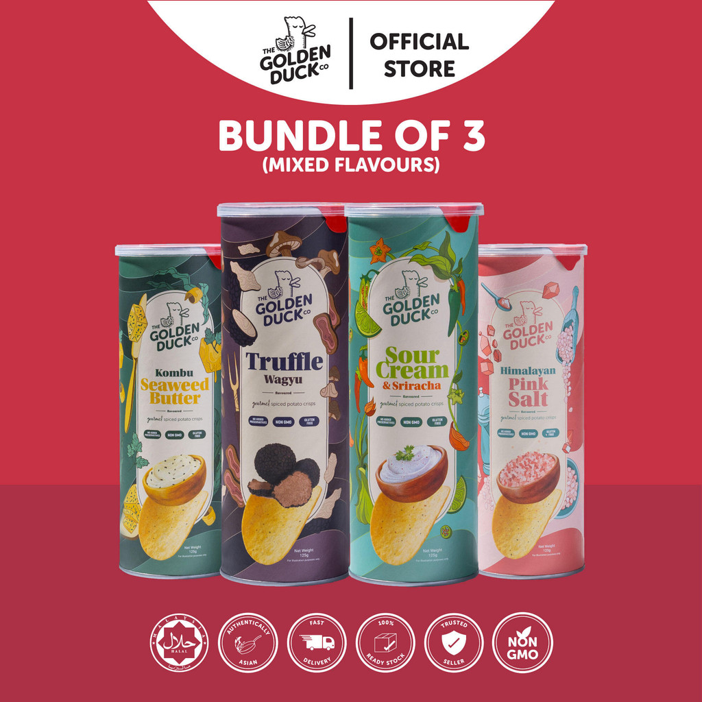 Bundle OF The Golden Duck Spiced Potato Chips Gourmet Chip Canister (Truffle Wagyu/Kombu Seaweed But