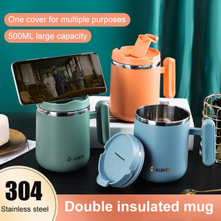 Thermal Coffee Mug With Spoon Double Wall Stainless Steel Cold Water Drinks Metal Tumbler Tea Milk