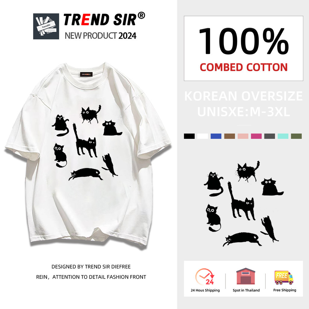 TrendSir New เสื้อยืดเกาหลี เสื้อยืด summer แมวดำเล็ก 100% cotton9สี M-12XL