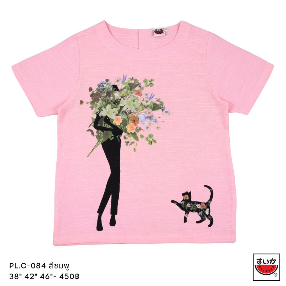 แตงโม (SUIKA) - เสื้อแตงโม คอปาดแขนสั้น ผ้าสลาฟ พิมพ์ลายดอกไม้ ( PL.C-130 128 084 094 127 110)