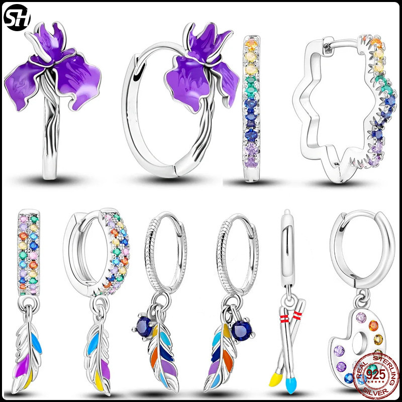 ต่างหูห่วงเงินแท้ S925 ประดับเพทาย รูปขนนก ดอกไม้ เครื่องประดับ สําหรับผู้หญิง